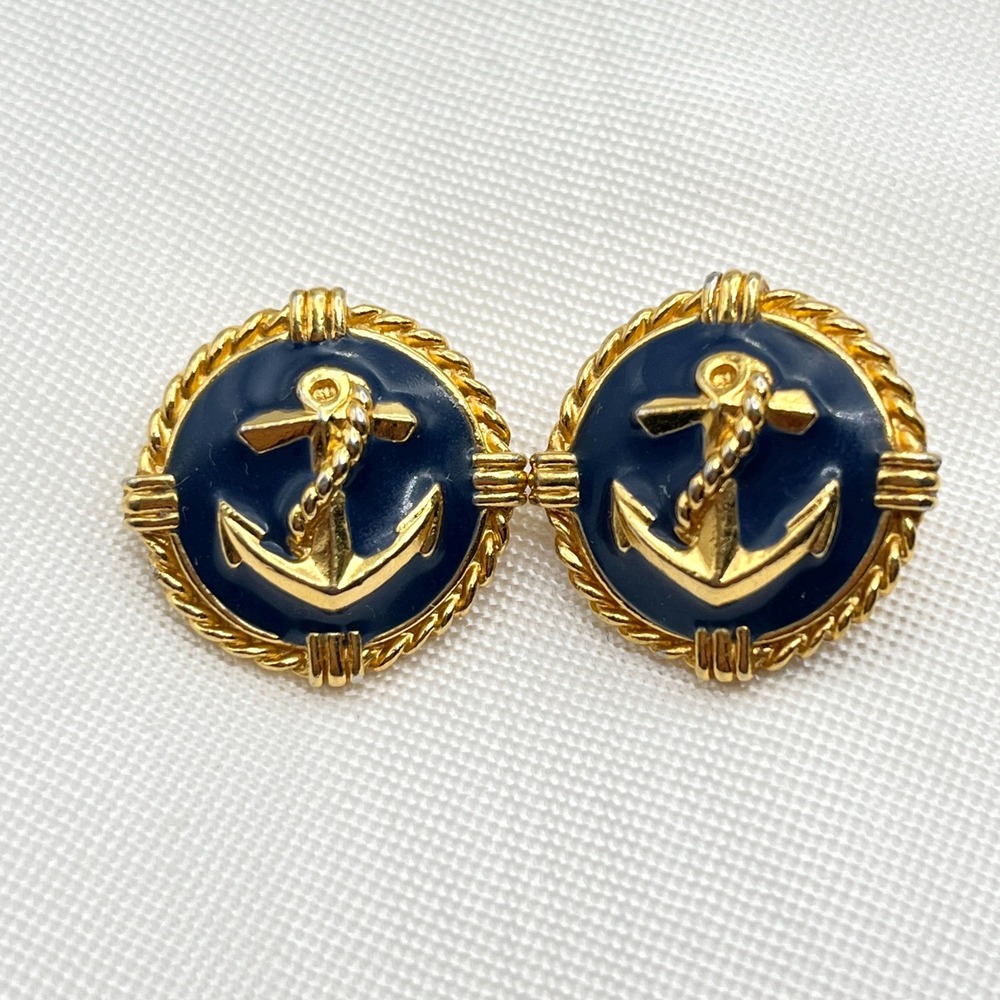 Vintage Gold Tone Nautical Sailor Anchor Posted Earrings w/ Navy Blue Enamel - Picture 2 of 8